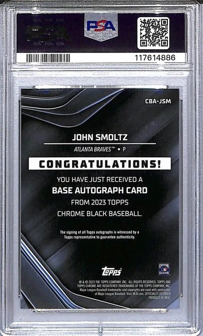 Graded John Smoltz autograph card from 2023 Topps Chrome Black Atlanta Braves collection