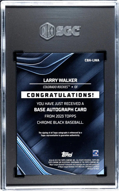 Baseball card redemption notice for Larry Walker Black Refractor in protective case