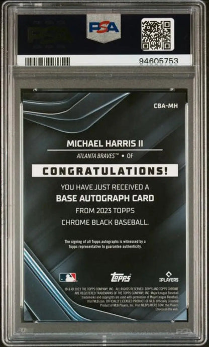 PSA 10 Michael Harris II Black Refractor baseball card back with certification number 946087863