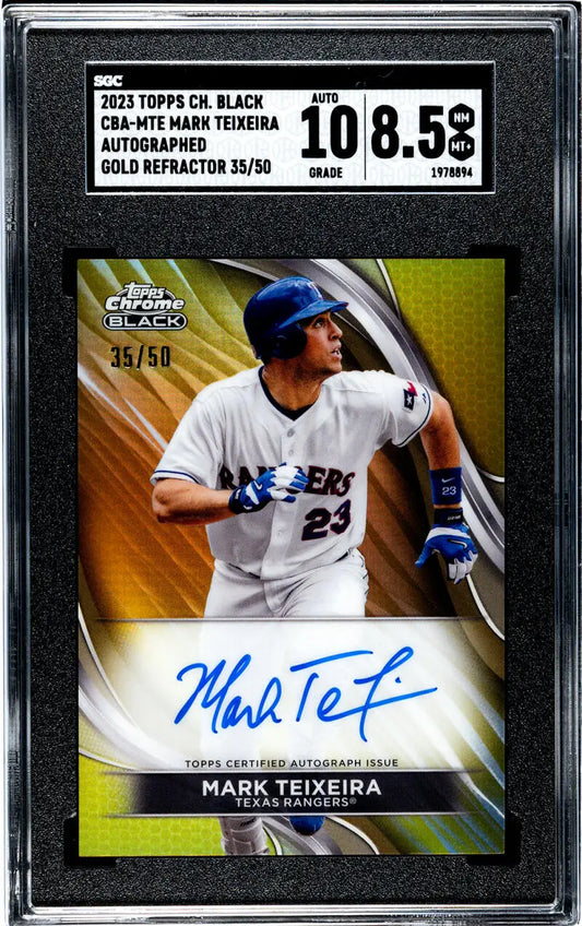 Graded Mark Teixeira autograph baseball card on gold background from Topps Chrome Black Refractor Gold