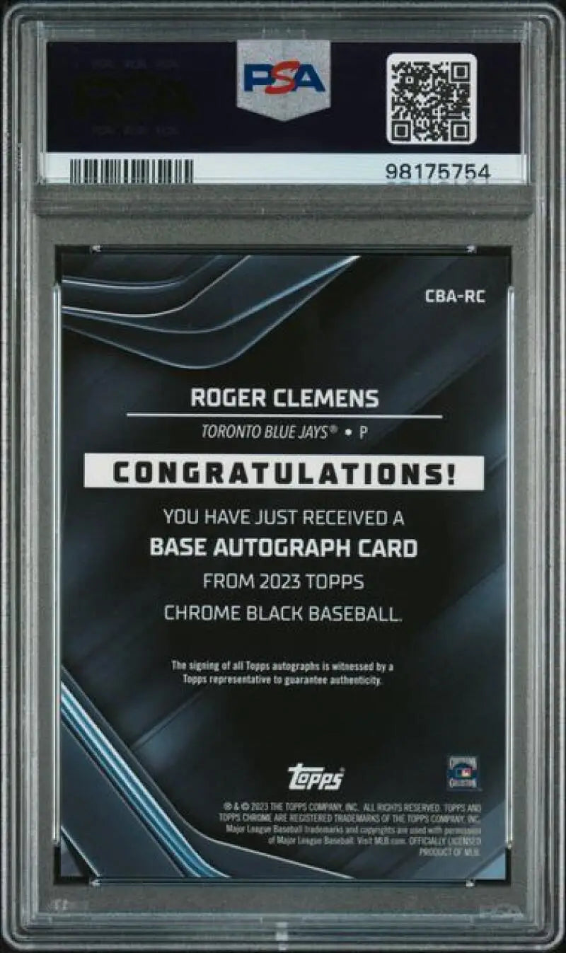 Back side of a PSA 9 Mint 2023 Topps Chrome Black Refractor Gold Roger Clemens card