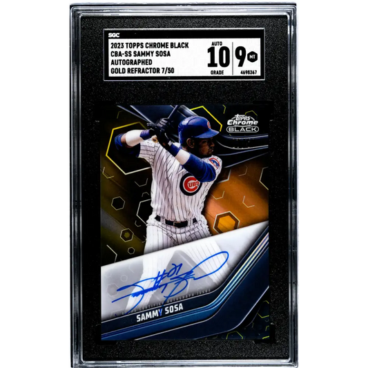 2023 Topps Chrome Black Refractor Gold #CBA-SS Sammy Sosa SGC 9 MINT Auto 7/50 Chicago Cubs Baseball Card