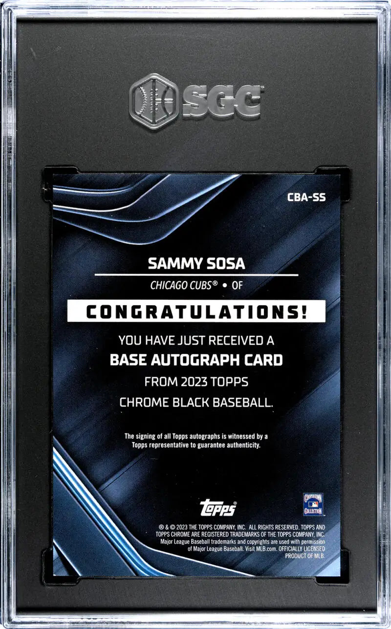 Sammy Sosa autograph redemption notice for Chicago Cubs baseball card from 2023 Topps Chrome Black
