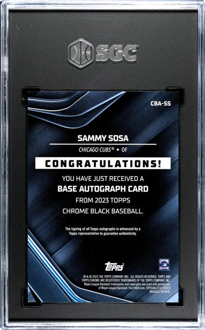 Sammy Sosa autograph redemption notice for Chicago Cubs baseball card from 2023 Topps Chrome Black