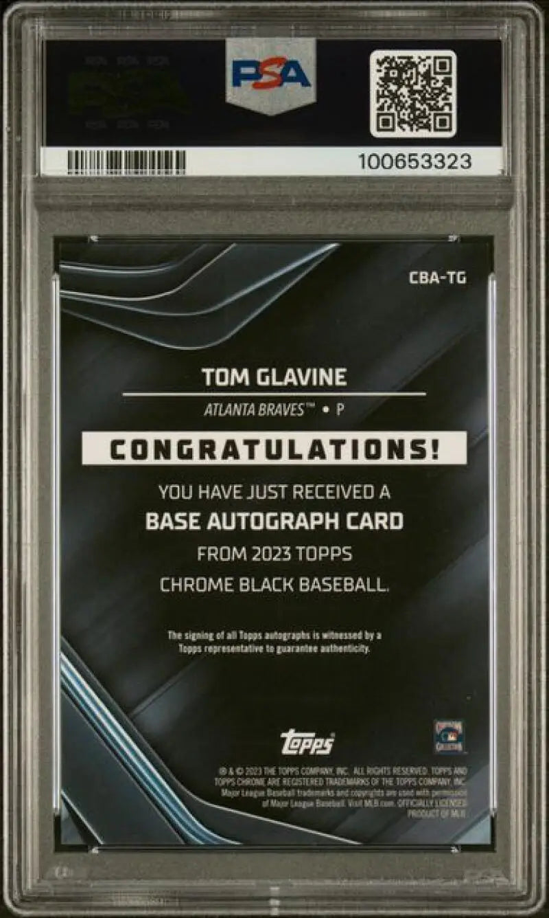 Back side of 2023 Topps Chrome Black Refractor Gold Tom Glavine autograph redemption card