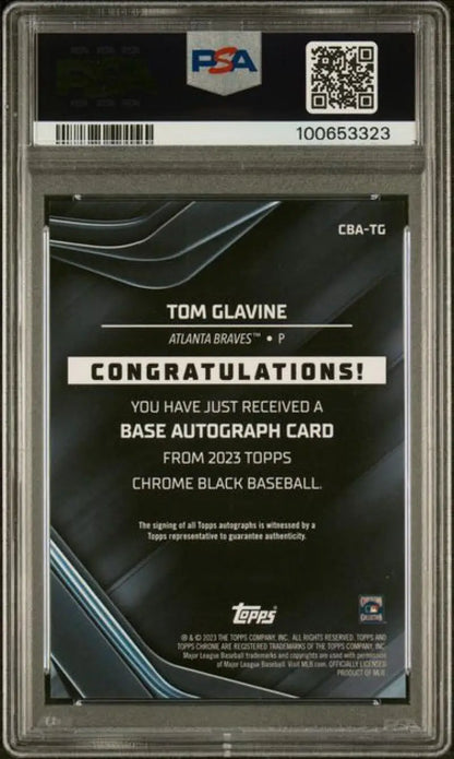 Back side of 2023 Topps Chrome Black Refractor Gold Tom Glavine autograph redemption card
