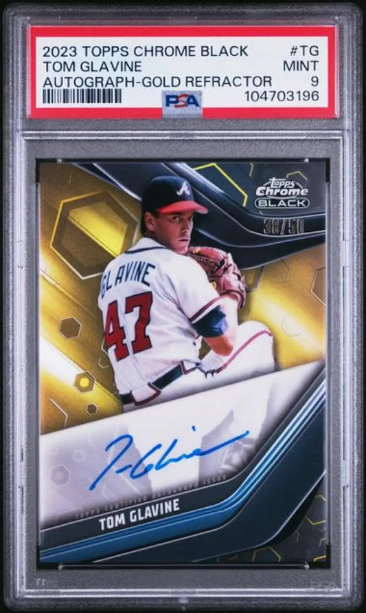 Tom Glavine autographed 2023 Topps Chrome Black Refractor Gold Atlanta Braves card