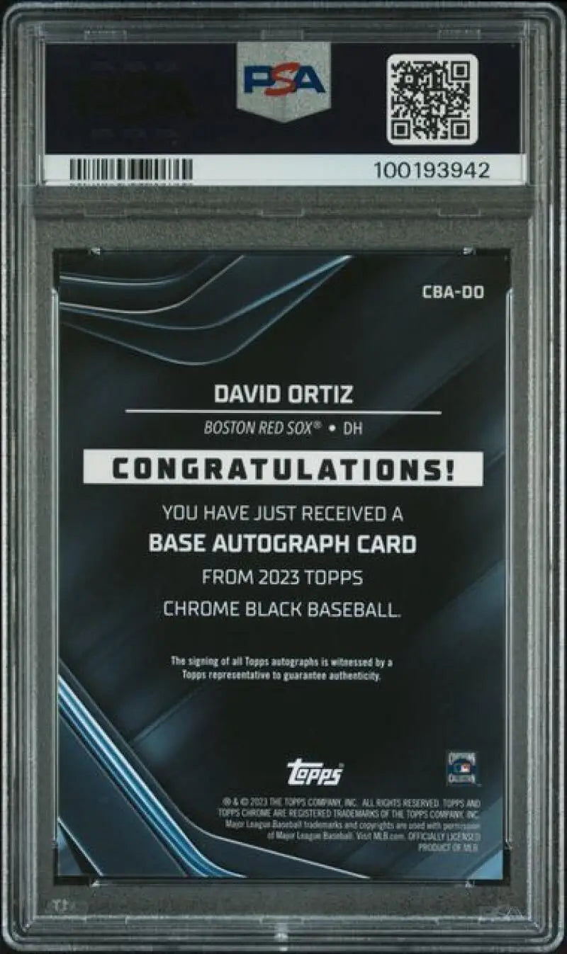 Back side of a PSA-graded 2022 Topps Chrome Black Refractor Gold David Ortiz Auto card