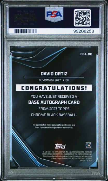 Graded David Ortiz autograph card from 2023 Topps Chrome Black Refractor Gold Mini-Diamond