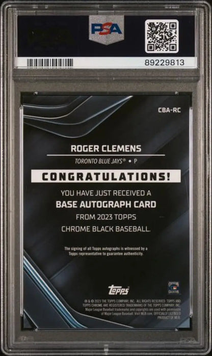 PSA-graded 2023 Topps Chrome Black Roger Clemens Auto congratulatory baseball card