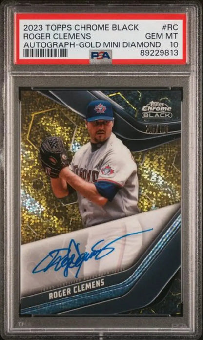 PSA-graded 2023 Topps Chrome Black Mini Diamond Roger Clemens Autograph Blue Jays Card