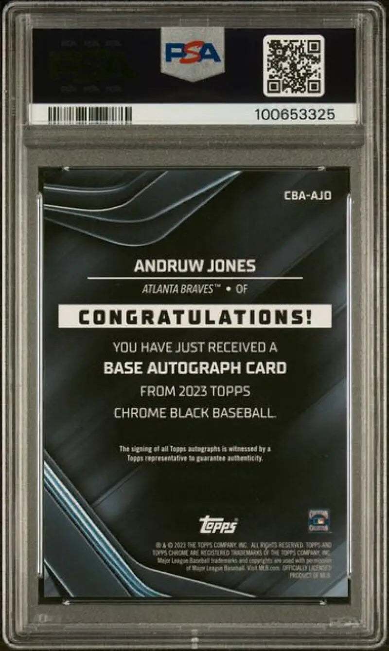 Back of 2023 Topps Chrome Black Andruw Jones Autograph Redemption Card PSA 10 GEM MINT