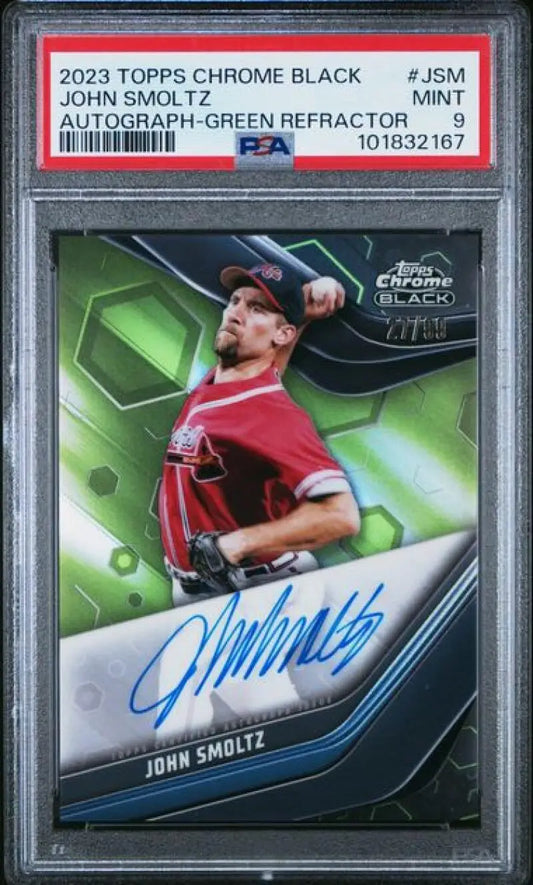 Graded John Smoltz autographed baseball card with black refractor green detail in 2023 Topps Chrome Black Refractor Green #CBA-JSM