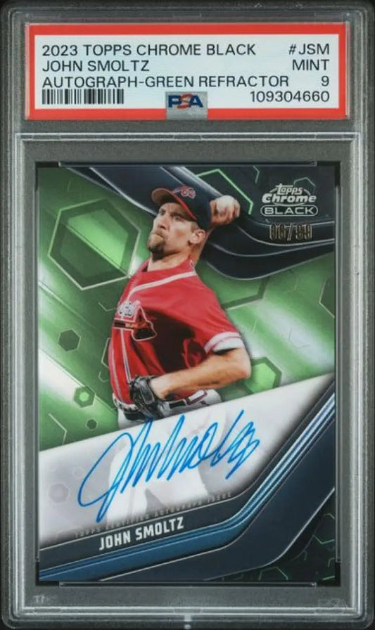 Autographed John Smoltz baseball card featuring Atlanta Braves player and grading details