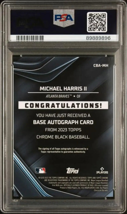 PSA-graded back of 2023 Topps Chrome Black Michael Harris Atlanta Braves baseball card