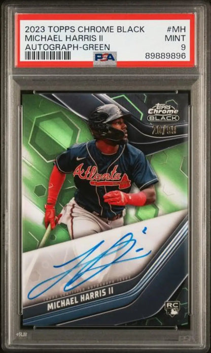 PSA 9 Mint Michael Harris II Atlanta Braves baseball card on green background