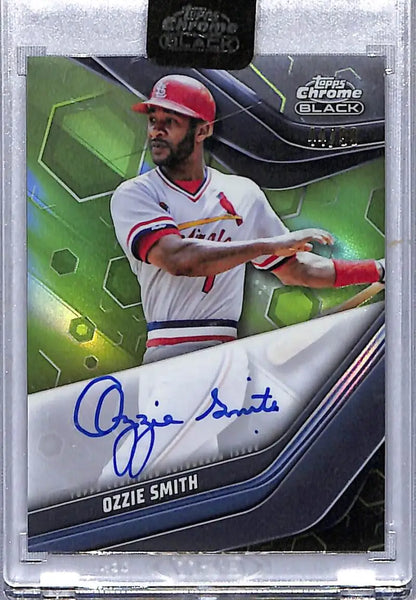 Signed Ozzie Smith baseball card, 2023 Topps Chrome Black Refractor Green, NM-MT Auto