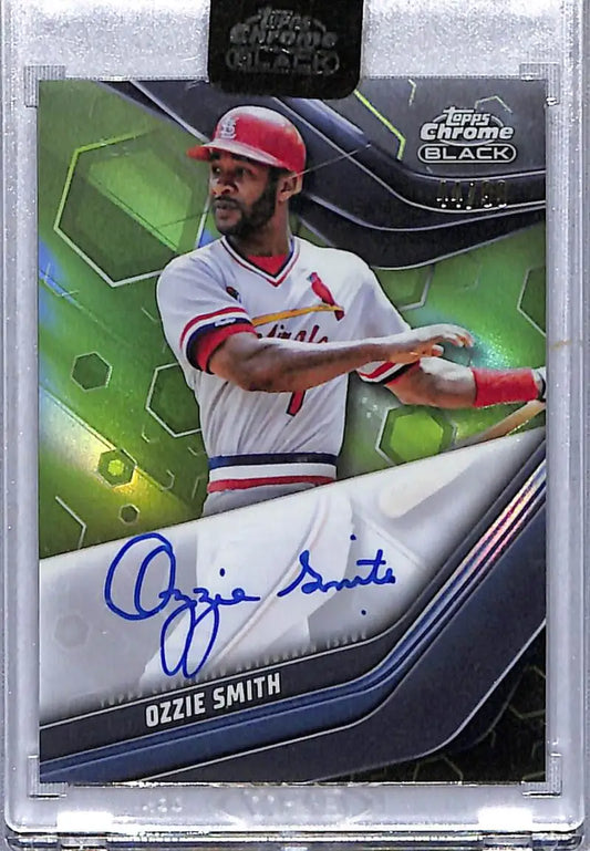 Signed Ozzie Smith baseball card, 2023 Topps Chrome Black Refractor Green, NM-MT Auto
