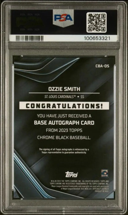 Back side of a PSA 10 GEM MINT Ozzie Smith Topps Chrome Black baseball card