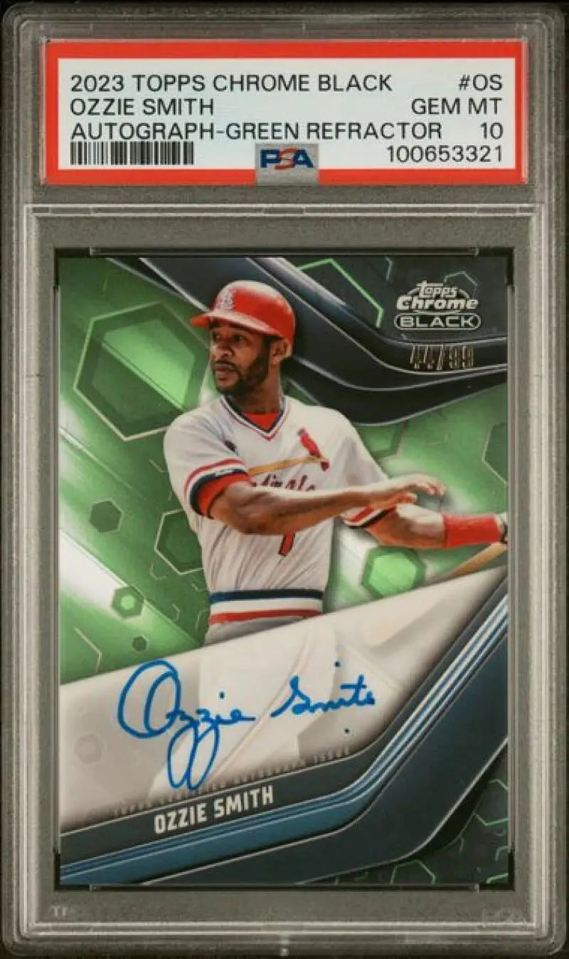PSA-graded 2023 Topps Chrome Black Ozzie Smith green refractor baseball card auto 44/99