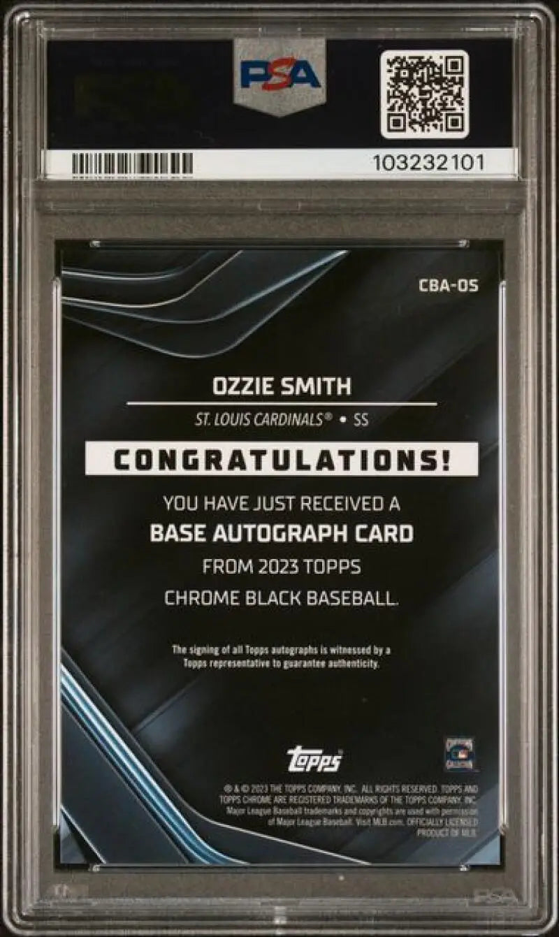 PSA-graded Ozzie Smith Chrome Black Refractor baseball card from 2023 Topps Chrome Black