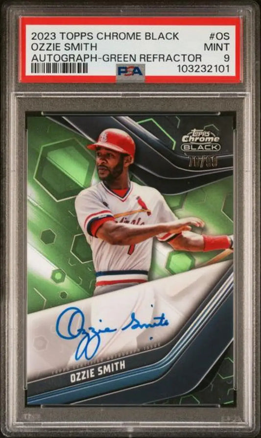 Graded Ozzie Smith autographed baseball card from 2023 Topps Chrome Black Refractor series
