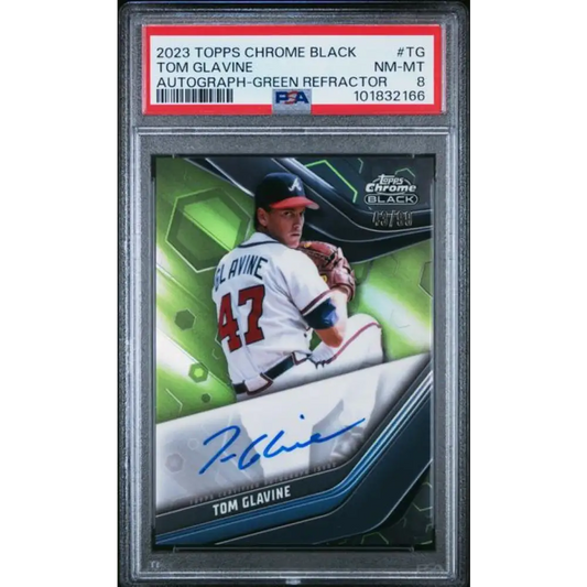 2023 Topps Chrome Black Refractor Green #CBA-TG Tom Glavine PSA 8 NM-MT Auto 43/99 Atlanta Braves Baseball Card
