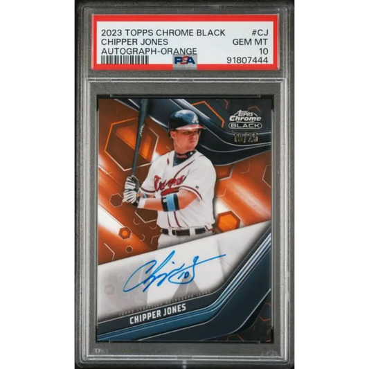 2023 Topps Chrome Black Refractor Orange #CBA-CJ Chipper Jones PSA 10 GEM MINT Auto 19/25 Atlanta Braves Baseball Card