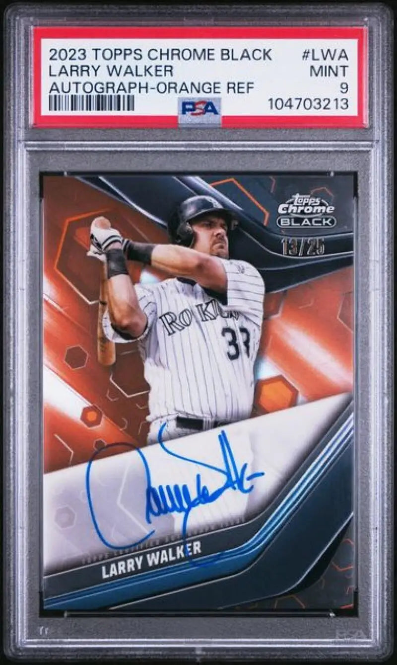 Graded Larry Walker autographed baseball card from 2023 Topps Chrome Black Refractor Orange