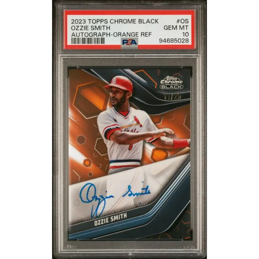 2023 Topps Chrome Black Refractor Orange #CBA-OS Ozzie Smith PSA 10 GEM MINT Auto 11/25 St. Louis Cardinals Baseball Card