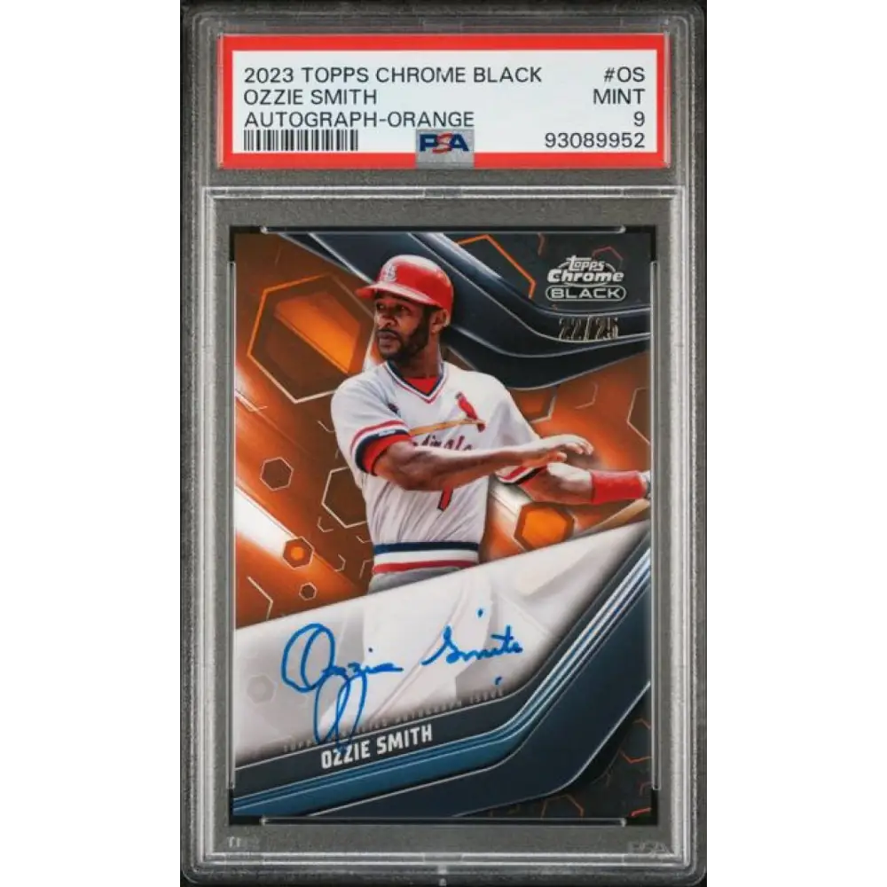 2023 Topps Chrome Black Refractor Orange #CBA-OS Ozzie Smith PSA 9 MINT Auto 22/25 St. Louis Cardinals Baseball Card