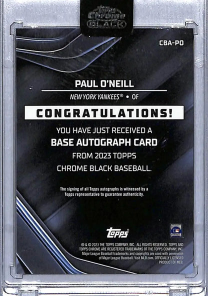 Paul O’Neill baseball card featuring 2023 Topps Chrome Black Refractor Orange design