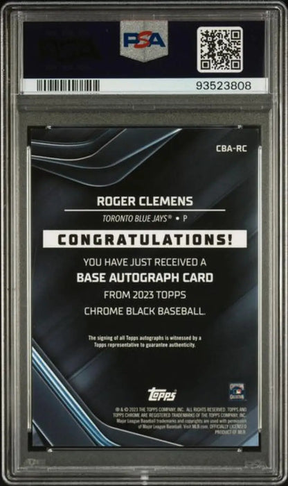 Back side of a PSA 10 GEM MINT Roger Clemens Toronto Blue Jays baseball card