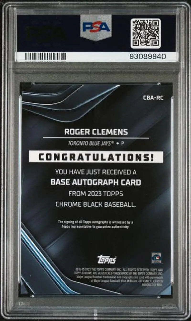 PSA-graded Roger Clemens autograph card from 2023 Topps Chrome Black for Blue Jays fans