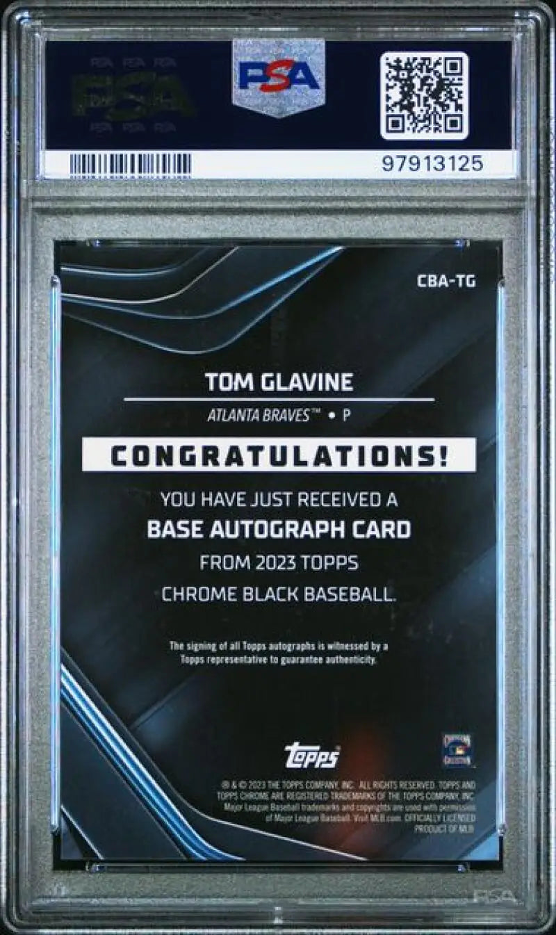 PSA-graded Tom Glavine Atlanta Braves baseball card 2023 Topps Chrome Black Auto 1/25
