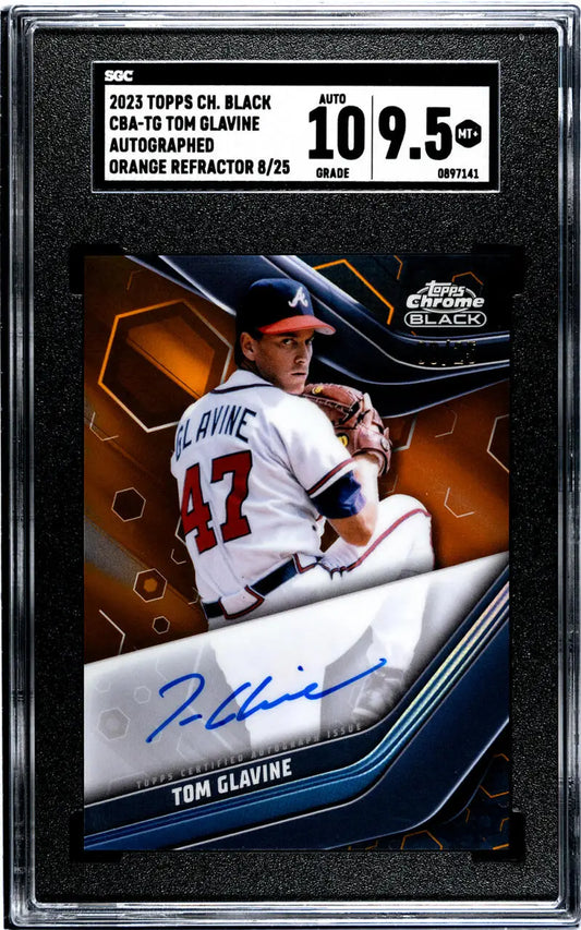 Graded Tom Glavine baseball card #47 Atlanta Braves with autograph on dark background