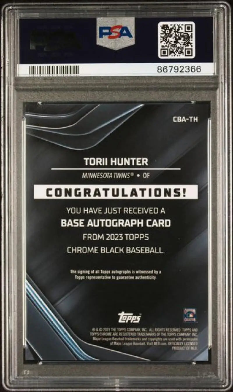 Graded Torii Hunter baseball card from 2023 Topps Chrome BlackMinnesota Twins PSA 9