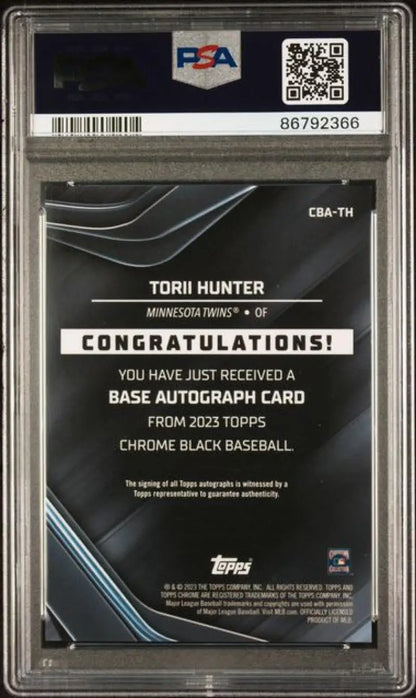 Graded Torii Hunter baseball card from 2023 Topps Chrome BlackMinnesota Twins PSA 9