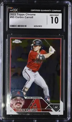 Graded 2023 Topps Chrome Corbin Carroll baseball card CGC 10 featuring chrome Corbin
