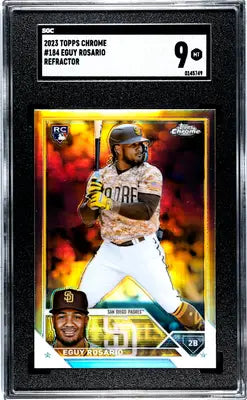 Graded 2023 Topps Chrome Eguy Rosario Refractor Baseball Card in SGC 9 condition