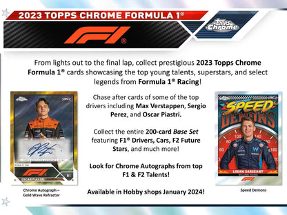 2023 Topps Chrome F1 Racing Hobby Box featuring Formula 1 trading cards with red refractor parallel