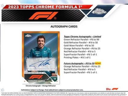 Fernando Alonso autograph card from 2023 Topps Chrome F1 with red refractor parallel