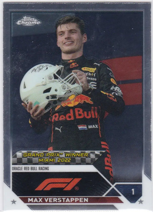 2023 Topps Chrome Formula 1 Max Verstappen Red Bull Racing trading card featuring Verstappen Red Bull