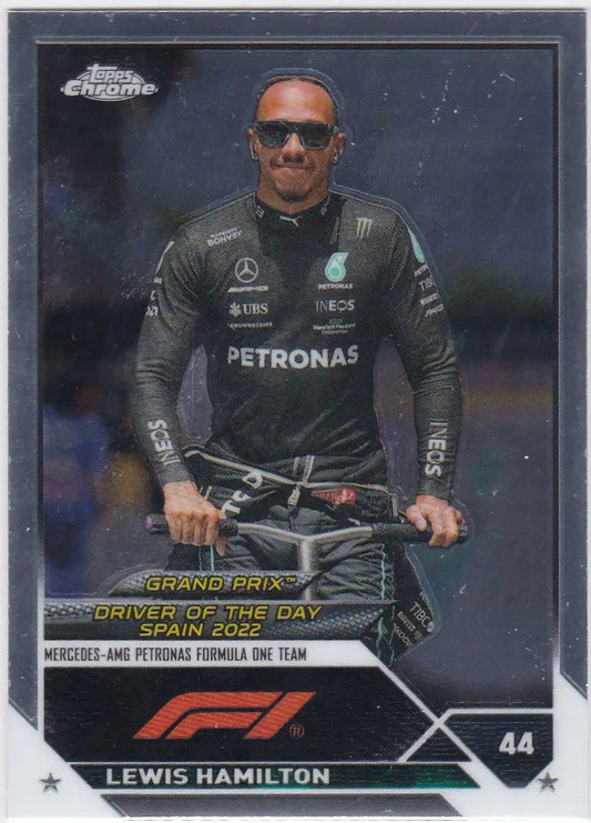 Topps Chrome Formula 1 trading card featuring Lewis Hamilton Mercedes 2023 Topps Chrome