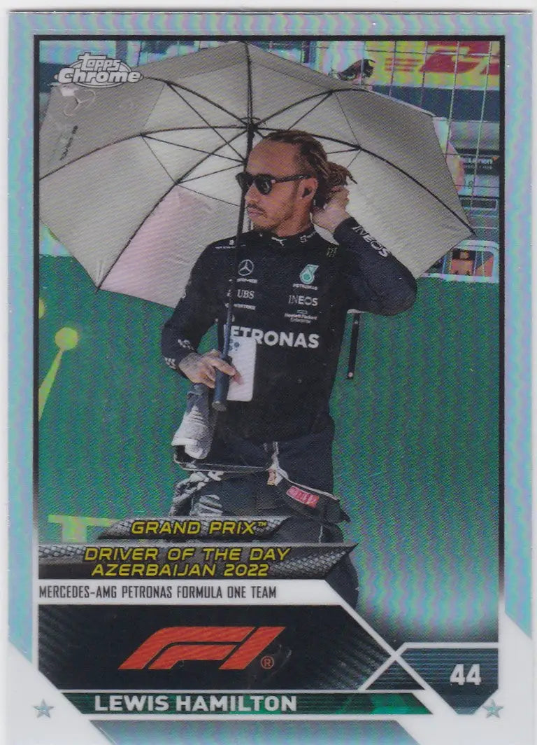 Topps Chrome Formula 1 trading card featuring Lewis Hamilton Mercedes 2023 Topps Chrome