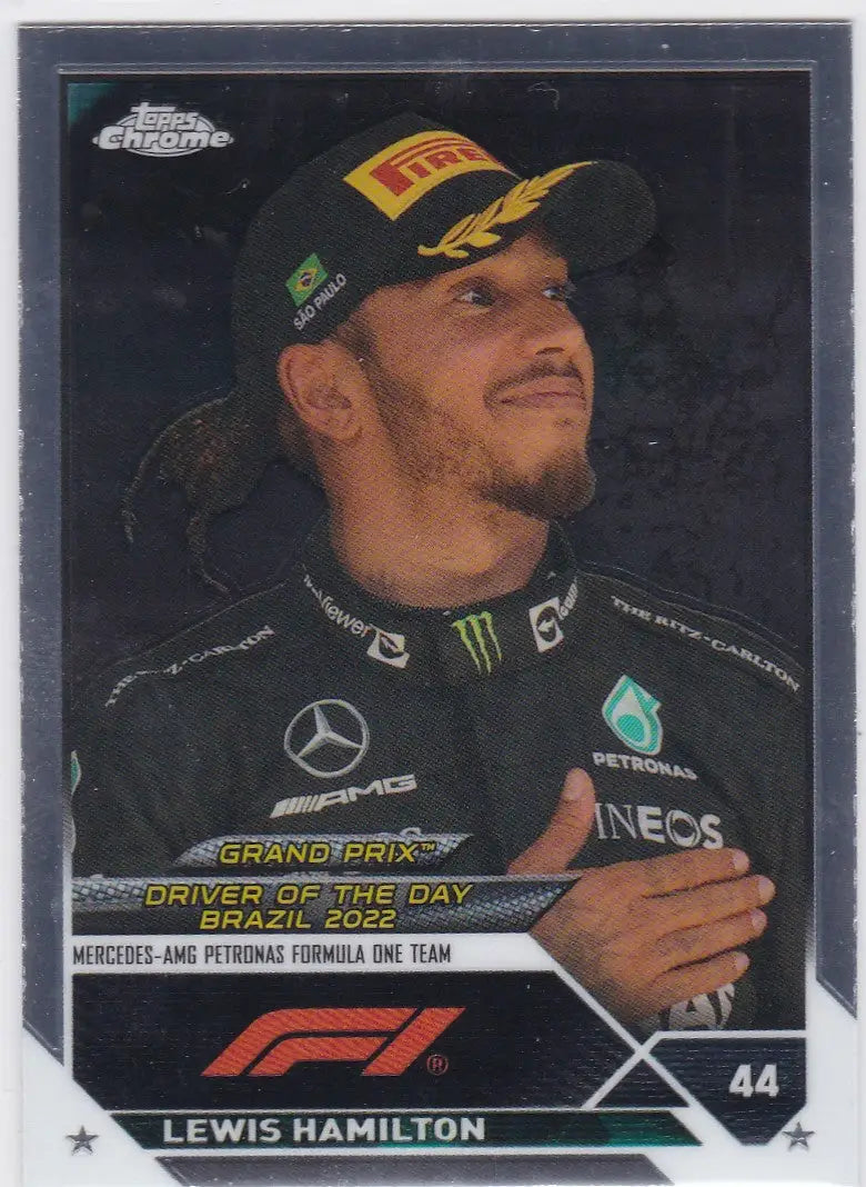 Collectible trading card of Lewis Hamilton Mercedes from 2023 Topps Chrome Formula 1 series