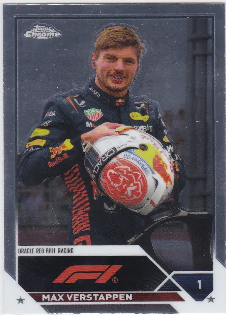 F1 trading card featuring Max Verstappen in racing suit holding helmet, 2023 Topps Chrome Formula