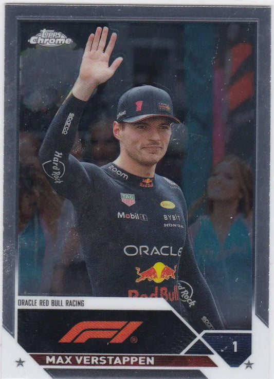 2023 Topps Chrome Formula 1 Max Verstappen Red Bull Racing trading card featuring Verstappen Red Bull