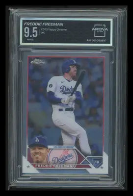 Graded 2023 Topps Chrome Freddie Freeman baseball card displayed in product titled 2023 Topps Chrome Freddie Freeman #5 Baseball Arena Club 9.5
