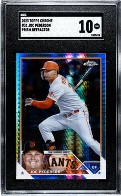 Graded 2023 Topps Chrome Joc Pederson #31 Prism Refractor baseball card in SGC 10